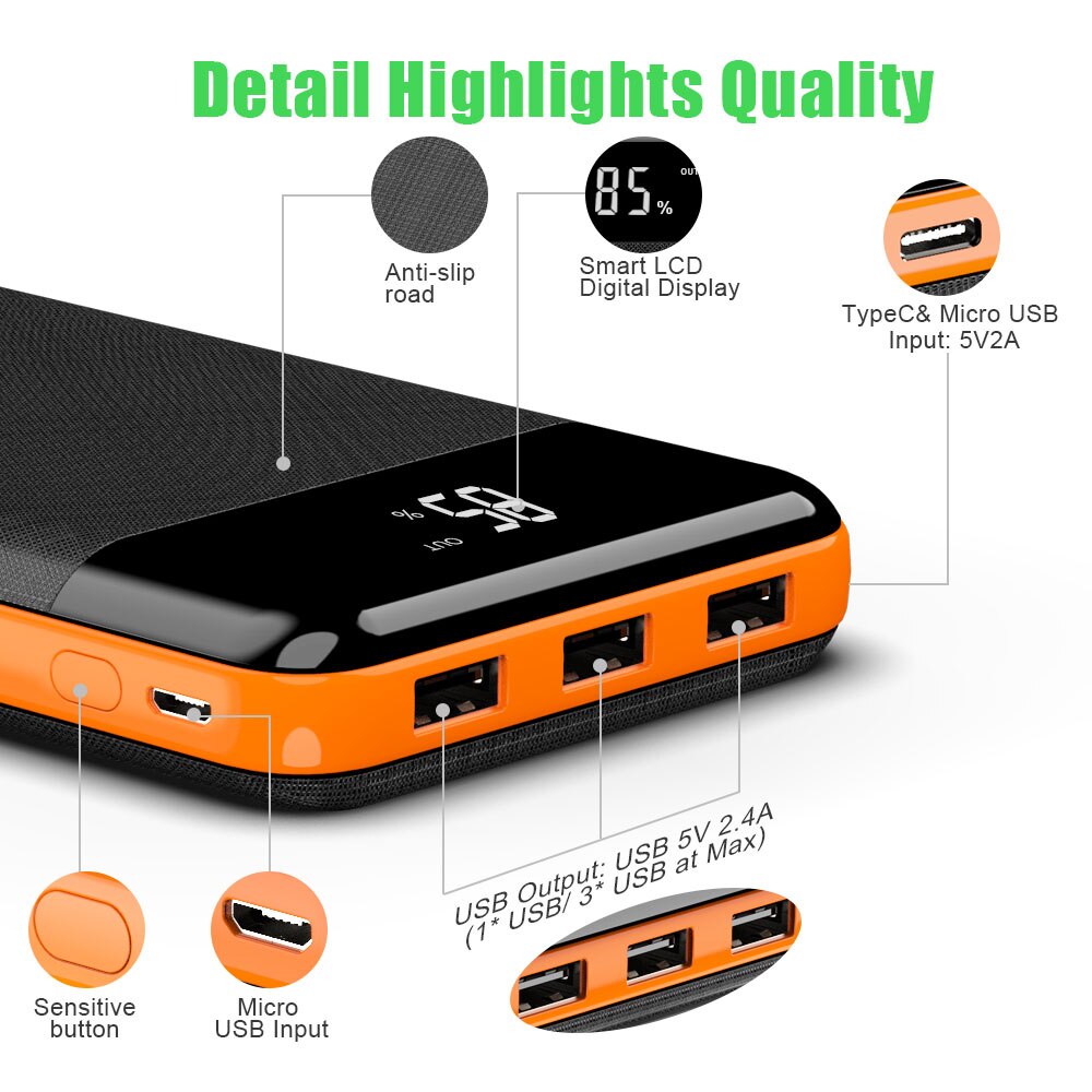 X-DRAGON 20000mAh Power Bank Triple USB Power Hohe Kapazität Externe Batterie Ladegerät mit Taschenlampe LCD Verbleibende Leistung.