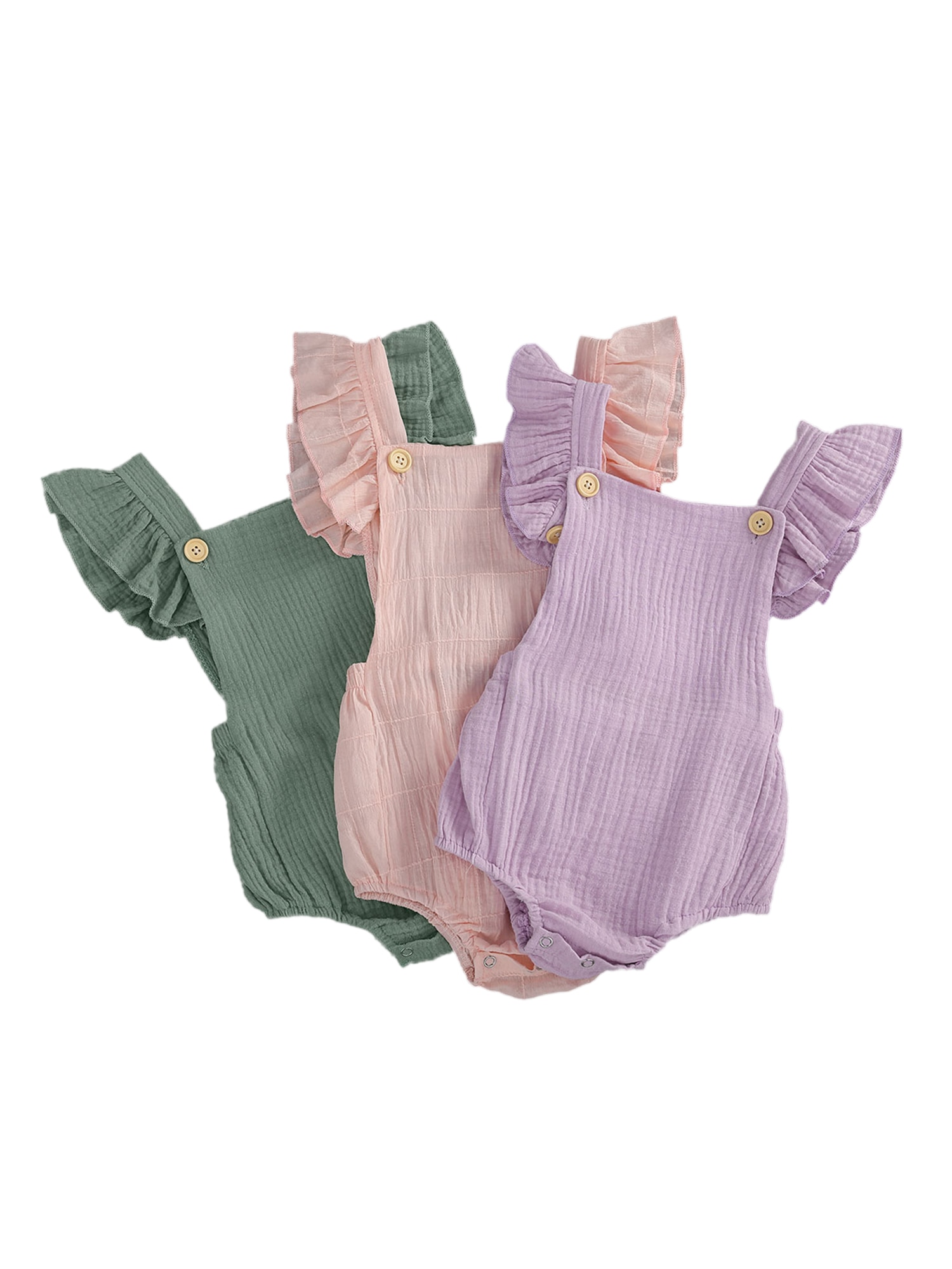 Baby meisjes romper van katoen linnen effen ruches mouw rechthoekige hals zijkant grote zakken outfit geplooide knoopsluiting jumpsuit