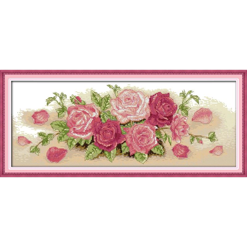 Bloemen Gestempeld Borduurpakketten Vreugde Zondag Kleurrijke Rose Gedrukt 11CT 14CT Telpatroon Borduurwerk Handwerken Sets: H510 / 14CT White Cloth