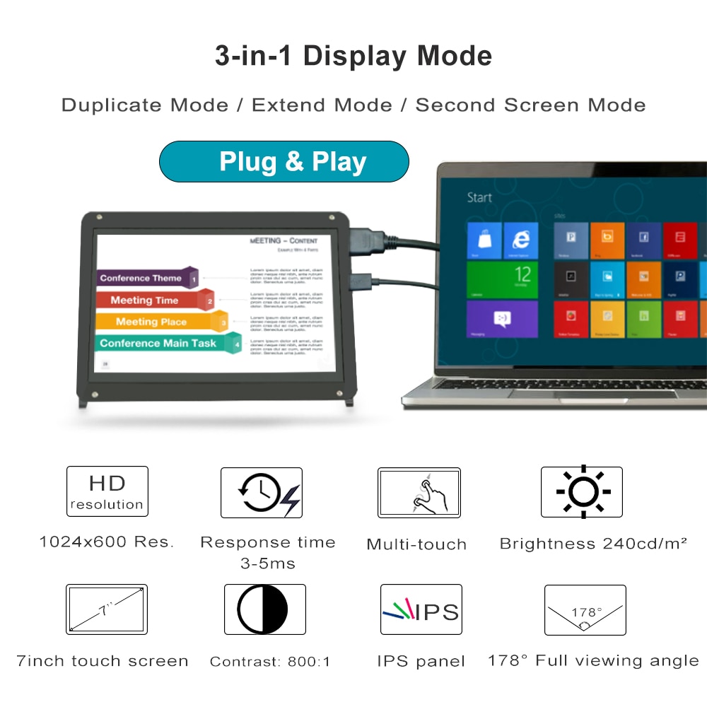 7inch Touchscreen Display Monitor, 1024x600 Touch Screen IPS Capacitive HDMI LCD for Raspberry Pi