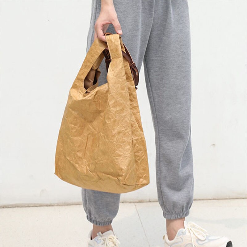 Hylhexyr Weibliche Eimer Geformt Handtaschen khaki Kraft Papier Einkaufstasche Dame Einzelnen Schulter Tragetaschen Für Arbeits Offene