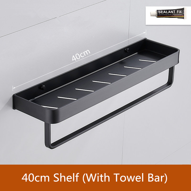 Badkamer Zwarte Plank Met Handdoek Bar Ruimte Aluminium Hoek Planken Handdoekenrek Met Haak Shampoo Houder Keuken Opbergrek: 40cm with bar