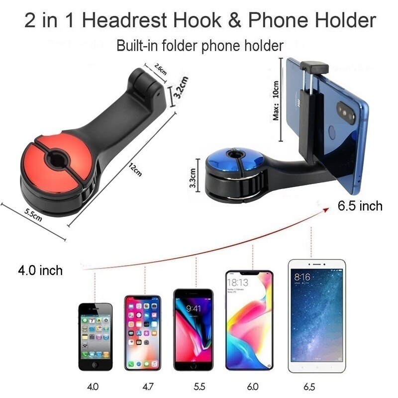 2-in-1 Universele Auto Haken Back Seat Hoofdsteun Mount Houder Voor iPhone Samsung Xiaomi Huawei 360 Graden mobiele Telefoon Houder Stand