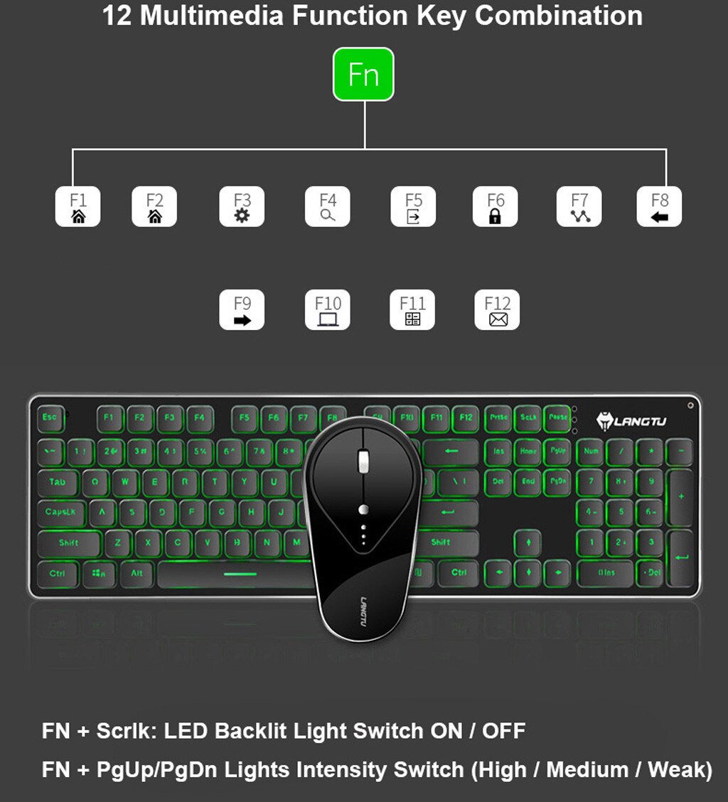 Rechargeable Wireless Keyboard and Mouse Set Ergonomic 1600DPI LED Backlit Optical Gaming set For Laptop Computer PC Gamer 20j4