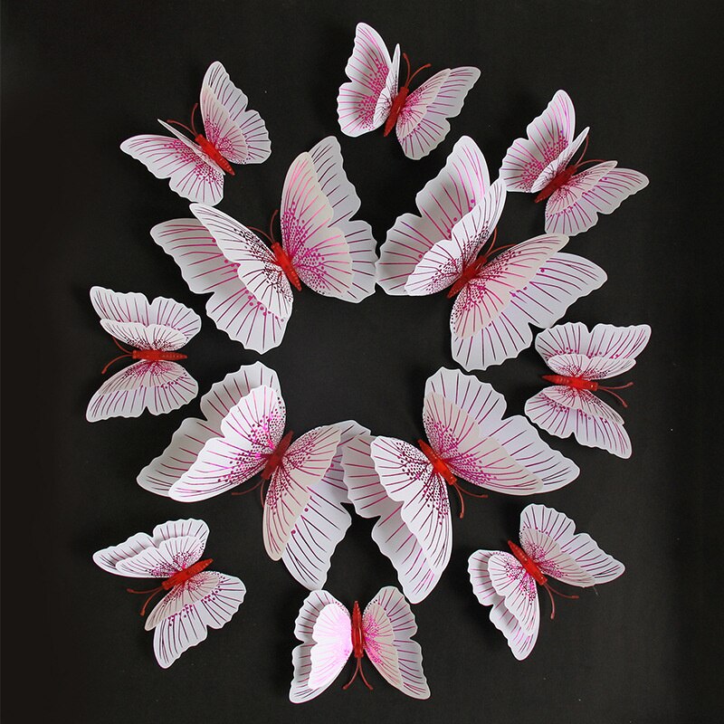 Autocollant mural papillon 3D Double couche, 12 pièces, pour la décoration de la maison, aimant pour réfrigérateur, colle gratuite: Rose Red