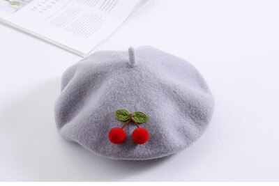 Béret de cerise pour enfants, chapeau pour fille, couleur Pure, mignon, Style japonais, fait à la main, , collection automne hiver, 48-52CM: gray