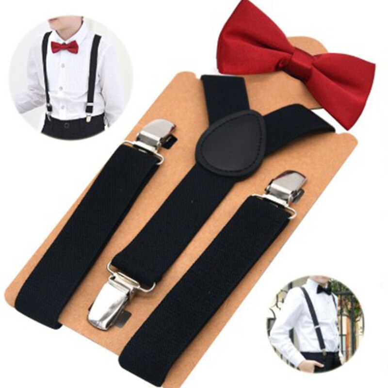 Bow Tie Suspenders Set For Baby Boys Elastic Solid Color Y-Back Braces Adjustable Suspender Children Matching Tuxedo Suit Brace