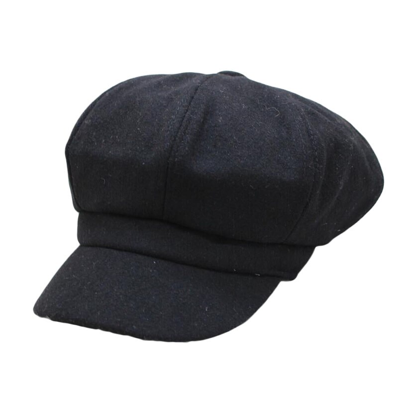 Mulheres Lã quente Chapéu Boina Estilo Britânico Retro Cor Sólida Tampa Octogonal Cap Pintor Jornaleiro Caps Chapéus de Inverno Feminino Grosso Quente viseira: black