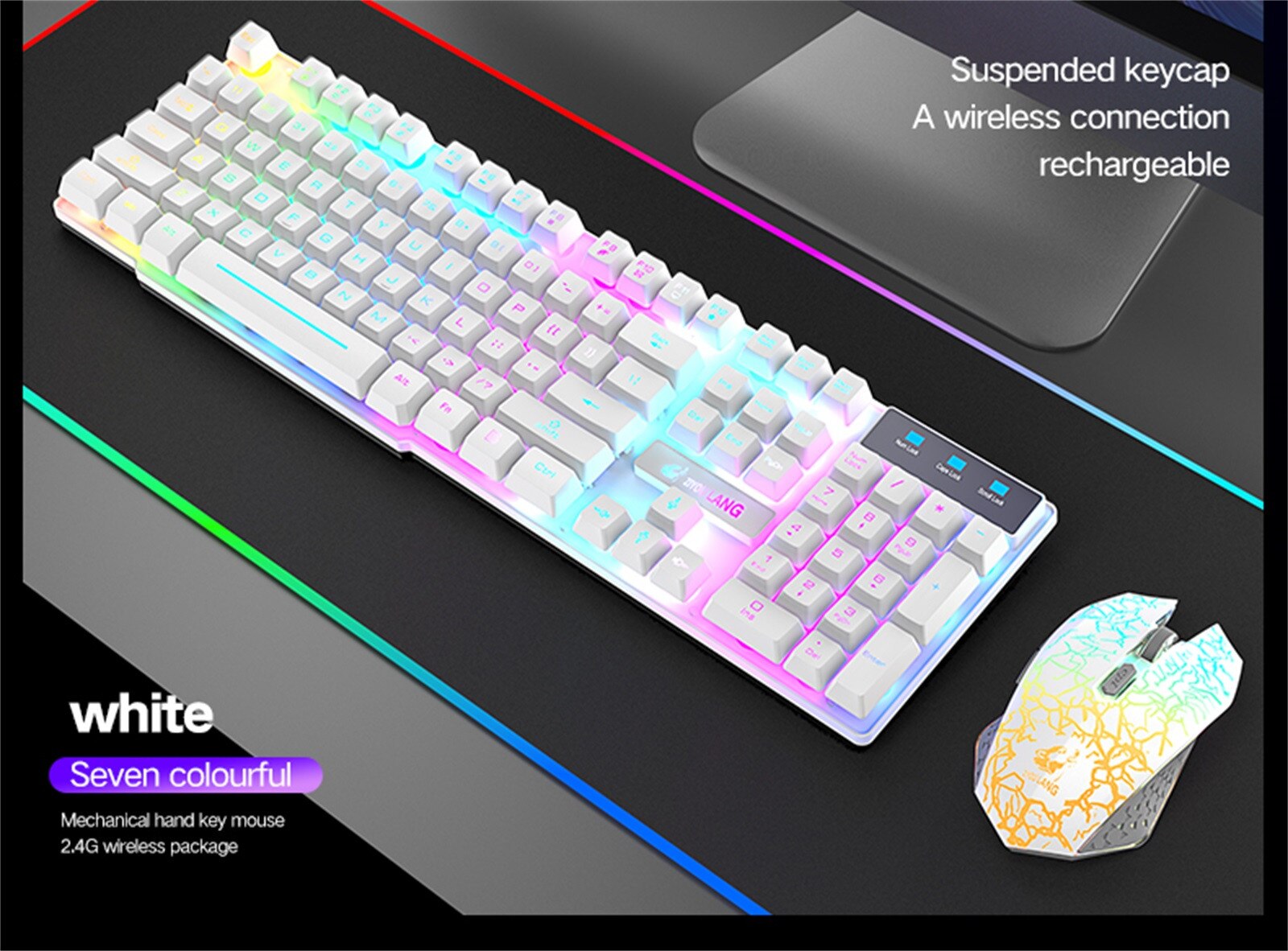 Juego de teclado y ratón inalámbricos para videojuegos, impermeable, a prueba de polvo, retroiluminación LED arcoíris, ergonómico, recargable, ratón de 2400DPI