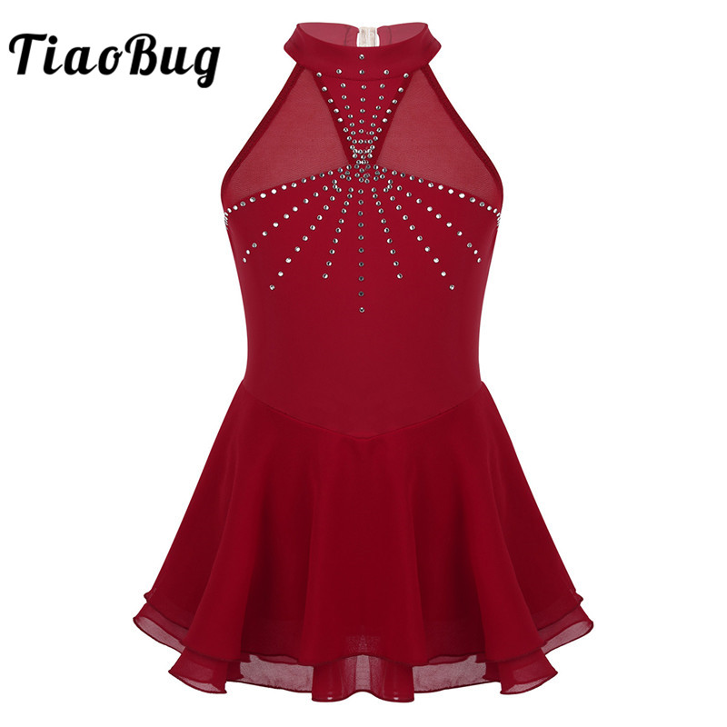 TiaoBug Kids Teens Mouwloze Sparkly Steentjes Mesh Splice Figuur Schaatsen Jurk Meisjes Ballet Gymnastiek Turnpakje Dans Slijtage