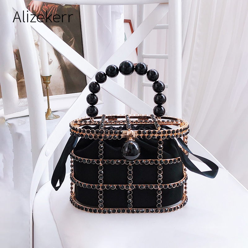 Diamonds Basket Evening Clutch Bags Women Hollow Out Beaded Alloy Metallic Cage Handbags And Purses Ladies Dinner