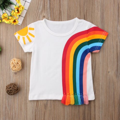 Camiseta de arco-íris com borla, camiseta fofa e macia para bebês meninos e meninas, 2019 venda quente