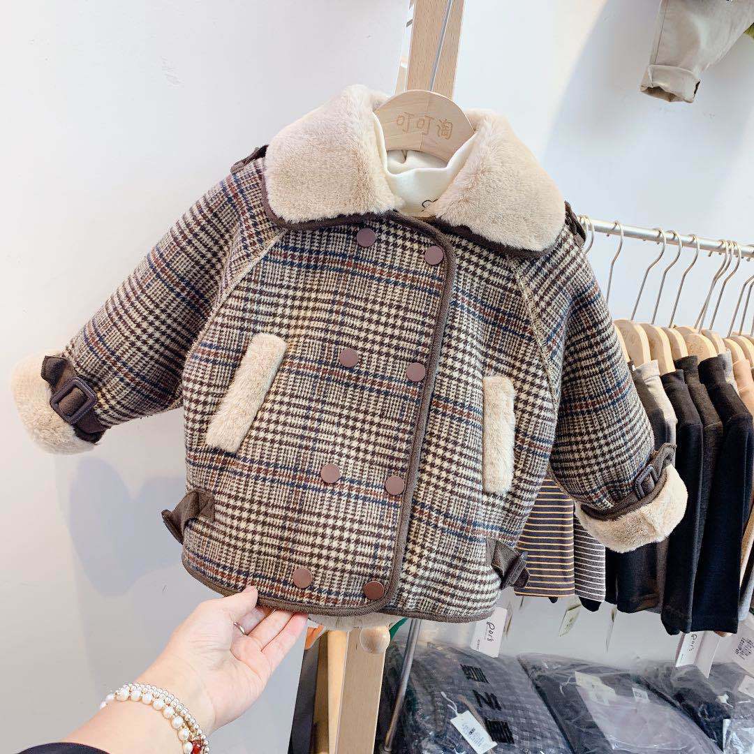 freundlicher Mantel Plaid aufbringen Woll Mantel für Jungen Mädchen Winter Warme Plüsch Faux Pelz freundlicher Jacke Kleinkind Kurzen Mantel: 100(Höhe90-98cm)