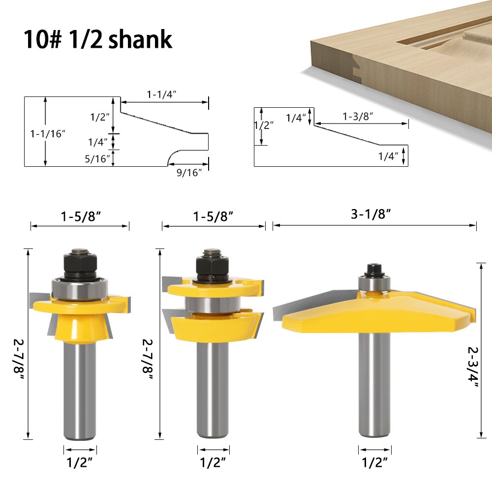 3pcs 1/2" Shank Rail & Stile Ogee Blade Cutter Panel Raised Cabinet Router Bit Set Door Tenon Woodworking Tools