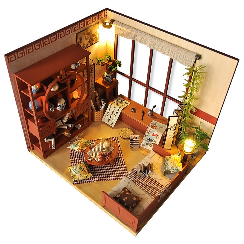 Pop Huis Chinese Stijl Studie Houten Miniatuur Poppenhuizen Model DIY Huis met Meubels Kits Stofkap Led Verlichting Speelgoed