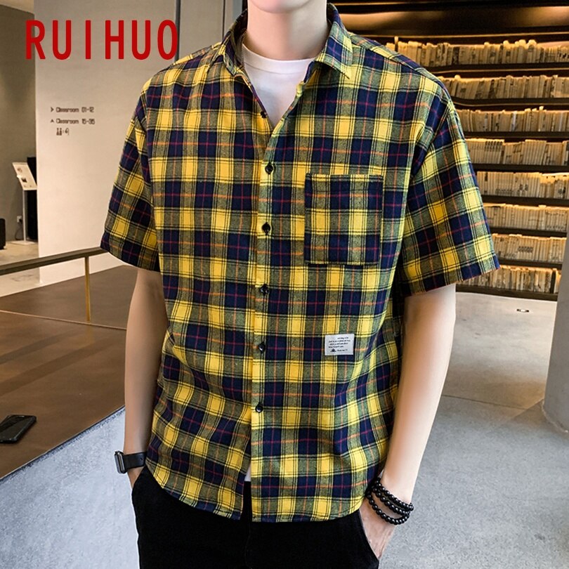 Ruihuo röd svart rutig kortärmad skjorta herr stor storlek hawaiisk kortärmad skjorta man sommarkläder m -4xl