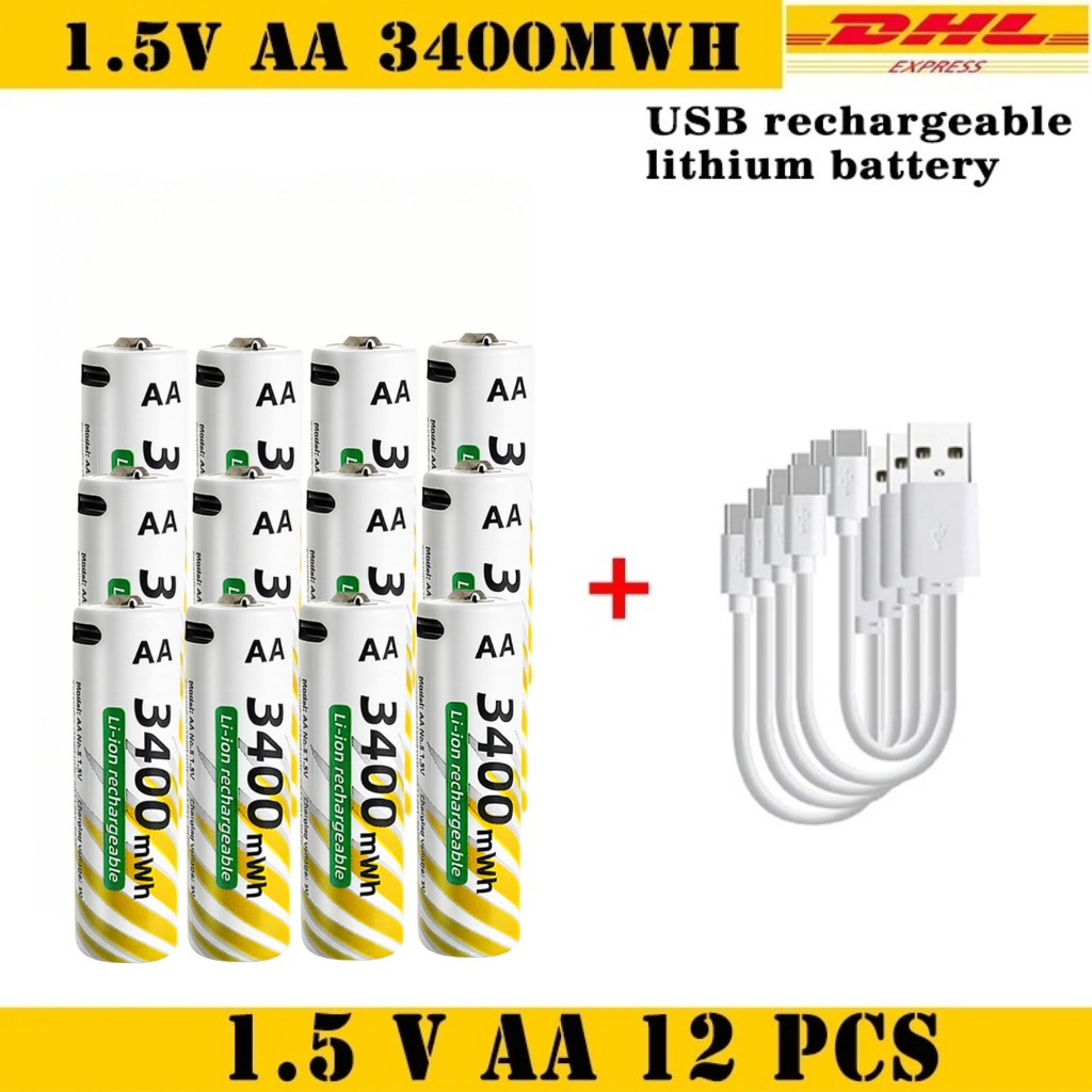 1.5V AA 3400mWh + AAA 900mWh Rechargeable Lithium Battery Set with USB-C Fast Charging Type C Cable air transport: PURPLE