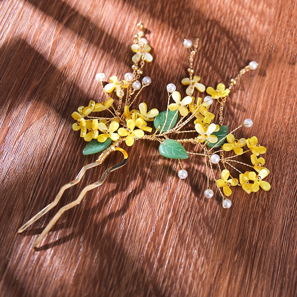 Chinese Ancient Style Hairpins Clips Yellow Osmanthus Fragrans Flower Hair Sticks Forks for Women Girls Hanfu Dress Hair Jewelry