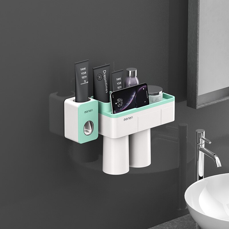 Toothbrush Holder Bathroom Accessories Toothpaste Squeezer Dispenser Storage Shelf Set For Bathroom Magnetic Adsorption With Cup: Green 2 Cups Sets
