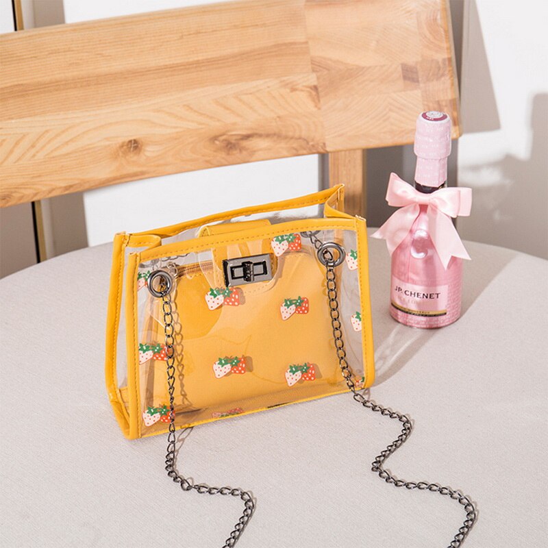 2 stuks/set transparante pvc schoudertassen dames schattige aardbeienprint clutch tas reis crossbody tas samengestelde set