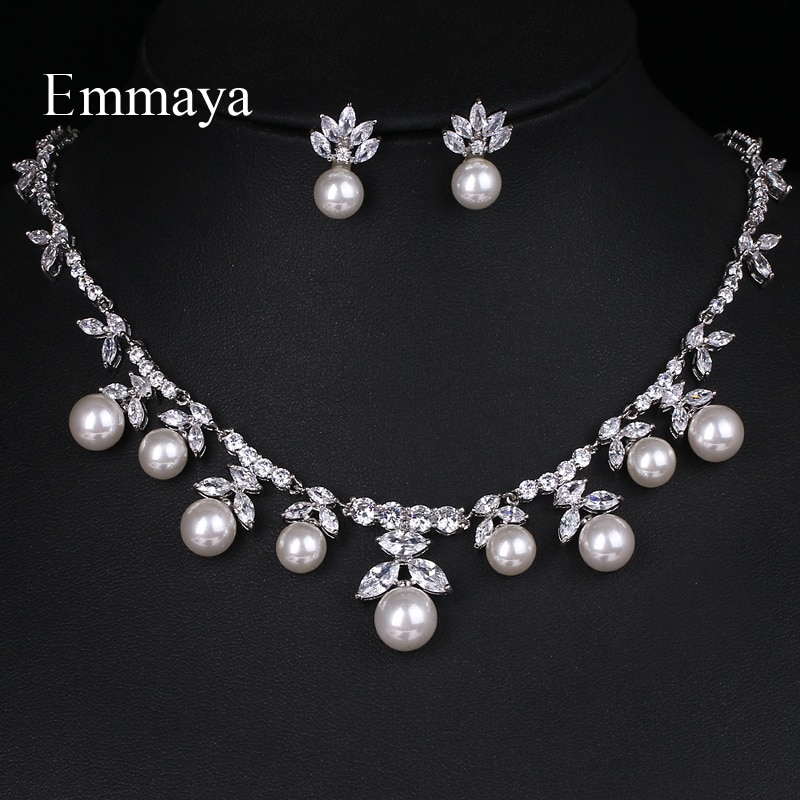 Emmaya luz luxo conjunto de jóias para feminino & meninas branco cor brinco e colar aaa zircônia e pérola nobre vestir-se na festa