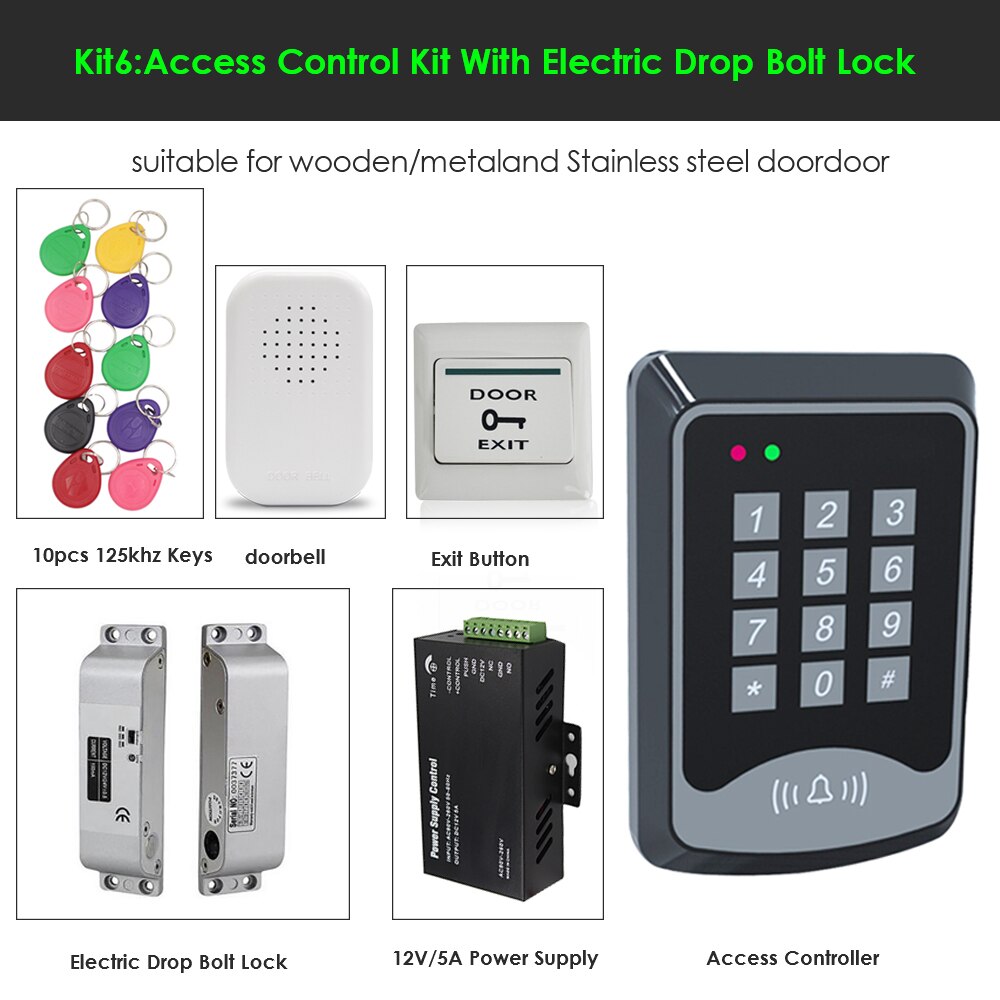 RFID keyboard keys Smart Door Access Control System With Power Supply 180KG electronic lock Door Access Control System Kit: Kit 6