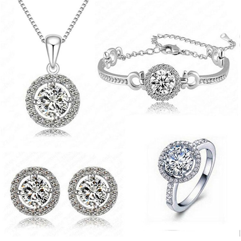 Klassieke Vrouwelijke White Crystal Sieraden Set Charm Zilver Kleur Stud Oorbellen Voor Vrouwen Luxe Ronde Wedding Ketting Ring Armband