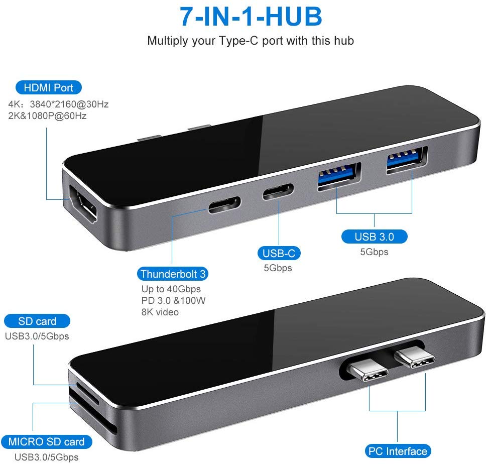 7in1 Dual USB C Hub Adattatore per MacBook Pro/Air 2018-Ora con Thunderbolt 3, 4K HDMI USB 3.0 Tipo-C Porta Dati SD/lettore di Schede di TF