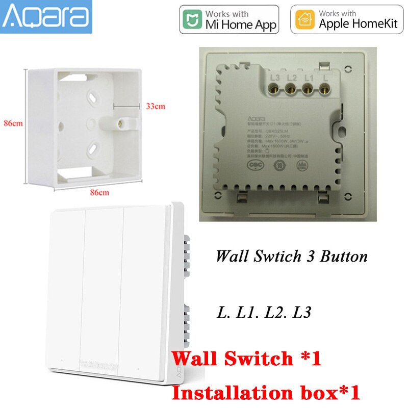 Aqara d1 inteligente interruptor de parede sem fio único fio fogo zero zigbee sem fio controle luz inteligente para mihome: D1 Live Line 3key