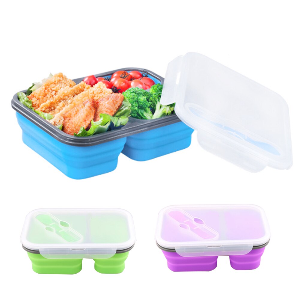 2 Cellen Silicone Inklapbare Draagbare Lunchbox Magnetron Kom Bento Box Vouwen Voedsel Opslag Container Lunchbox 650Ml + 450M