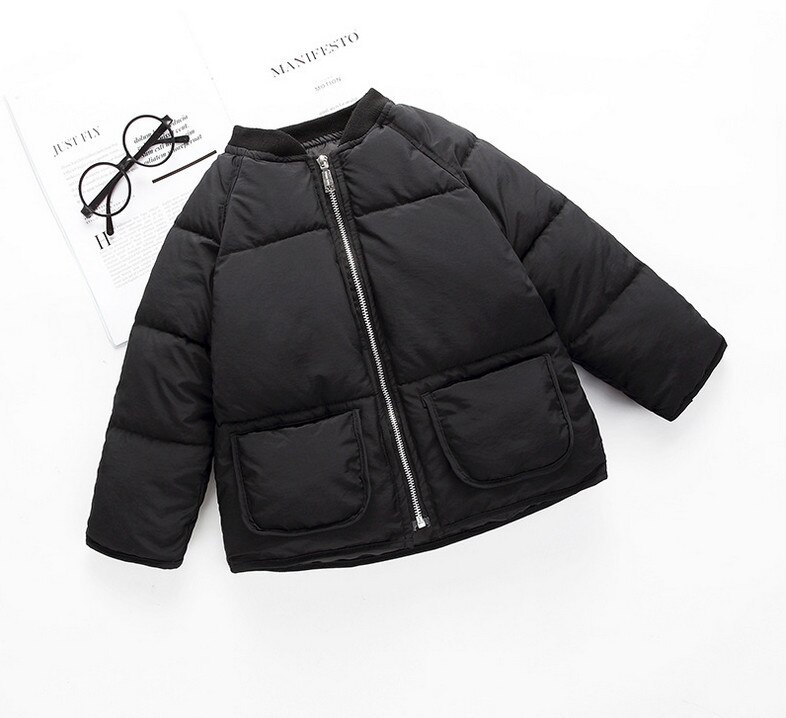 3-8Y Winter Children Down Jackets Black/Red Solid Color Zipper Rib Collar Cotton Coat Boys Girls Jacket 3-8Y