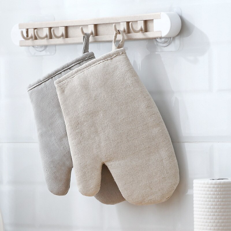 Cotton Linen Oven Mitts Solid Heat Resistant Mitten Kitchen Tool Thicken Non-Slip Glove for Cooking Baking Barbeque 1Pair TJ7208