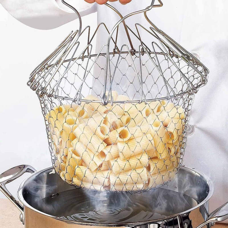 Frying Cooking Tools Stainless Steel Folding Deep Fried Basket Frying Pan Filter Food Colander. Oil Leak. Cocoa Sieve MJ80303