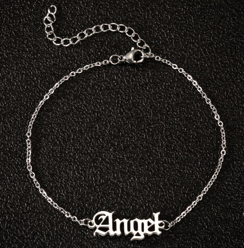 Vintage engelska bokstav ängel fotlänkar guld rostfritt stål kedja babygirl fotled armband för kvinnor fot smycken sommar strand: 14s