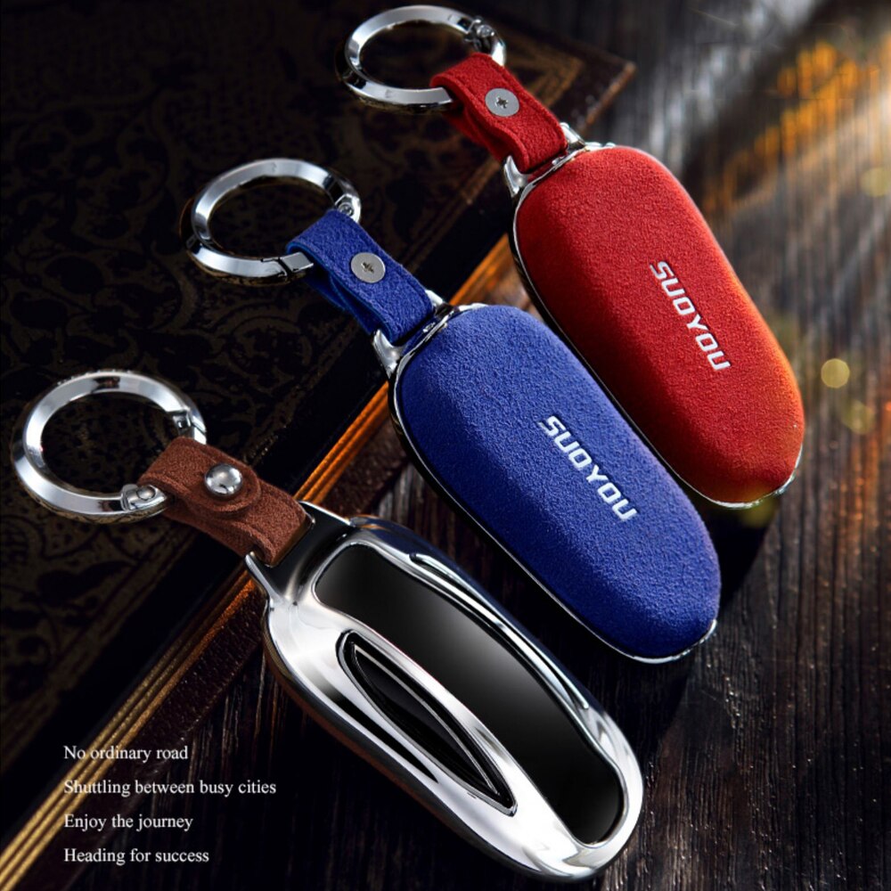 Auto Styling Auto Suede Leer Key Cover Wallet Case Shell Ketting 3 Knoppen Sleutel Houder Protector Accessoires Voor Tesla Model X
