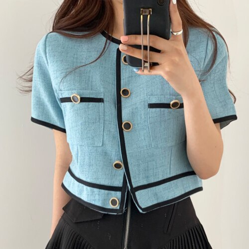 Woherb-Chaqueta para mujer ropa coreana con cuello redondo, abrigo de una botonadura, contraste de Color, fino corto, 92992: blue / L