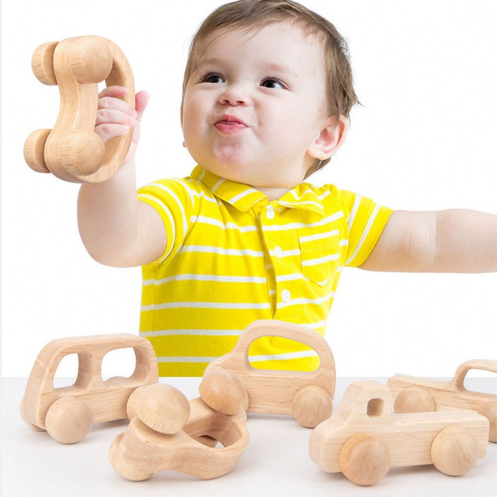 1Pc Peuter Baby Houten Kar Bijtring Inertie Trolley Auto Baby Grijpen Spier Meting Training Handgemaakte Houten Baby Speelgoed