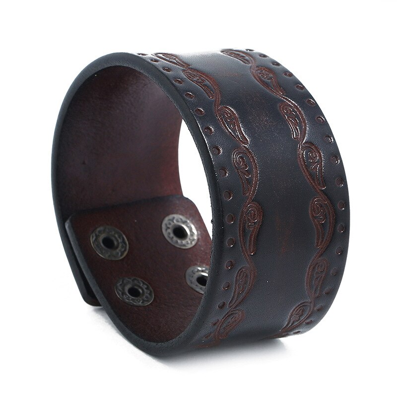 Punk reliëfpatroon brede leren armband heren retro drukknoop armband sieraden motorfiets gitaar accessoires vriendje