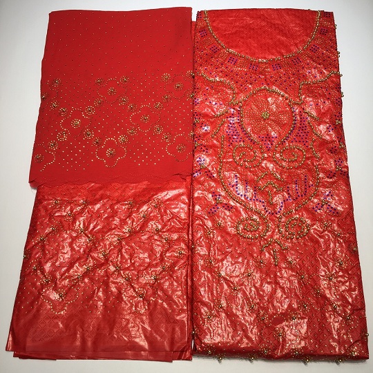 bazin riche getzner african fabric with rhinestones & beads latest top 3 in 1 basin tissu africain brocade fabric for dress: Red