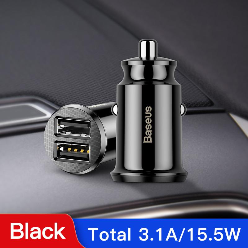 Baseus-Mini cargador USB Dual para coche, adaptador de carga rápida para iPhone X, XS, XR, 11 Pro Max, Samsung S20, Xiaomi Mi 9, 3.1A: Black