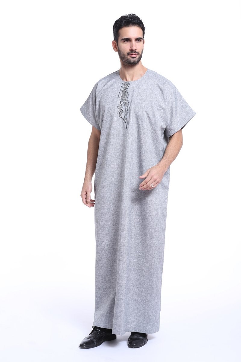 Islamitische kleding voor mannen, arabische borduurwerk abaya, grote maten dubai, heren kaftan met korte mouwen, jubba-kleding: Grijs / M
