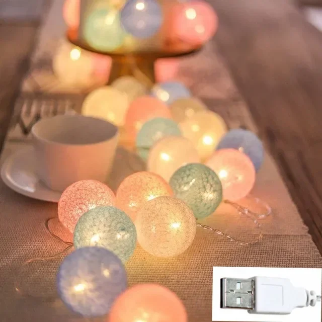 LED-Lichterkette mit Baumwollkugeln, batteriebetrieben oder USB-betriebene Feengirlande, Lichterketten, Weihnachten, , Hochzeit, Party-Dekoration: Kaltes Weiß / 300w