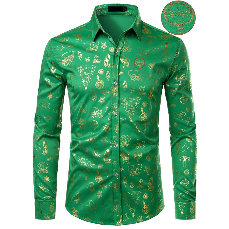 Noir noël chemise homme drôle De noël or imprimer hommes robe chemises décontracté fête bal chemise pour hommes Camisa De Navidad: Green / US Size XL
