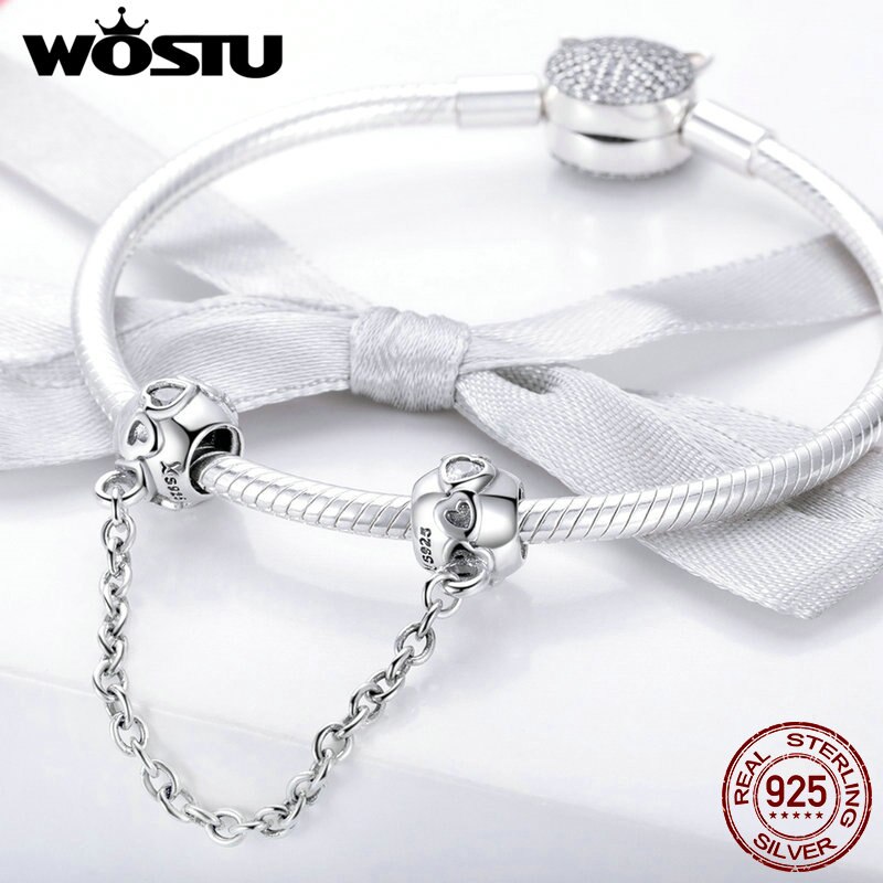 WOSTU 100% 925 Sterling Silver De-lovely Heart Safety Chain Charm fit Beads Bracelet Necklace DIY Jewelry Making CQC736