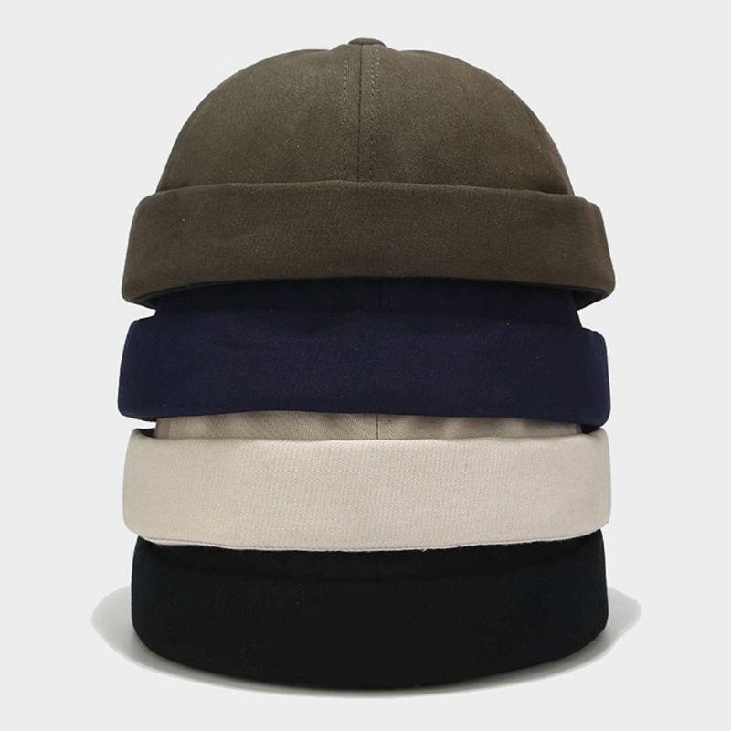 Men Women Retro Dome Melon Brimless Beanie Cap Solid Color Trendy Yuppies 6 Panels Casual Cotton Docker Sailor Hat