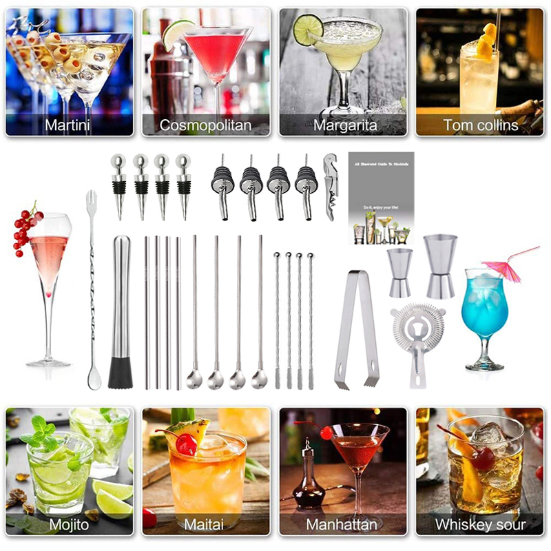 Bar Tool for , Experience for Drink Mixing, Bartender Kit:30-piece Cocktail Shaker Set with Stainless Steel Rotating Stand