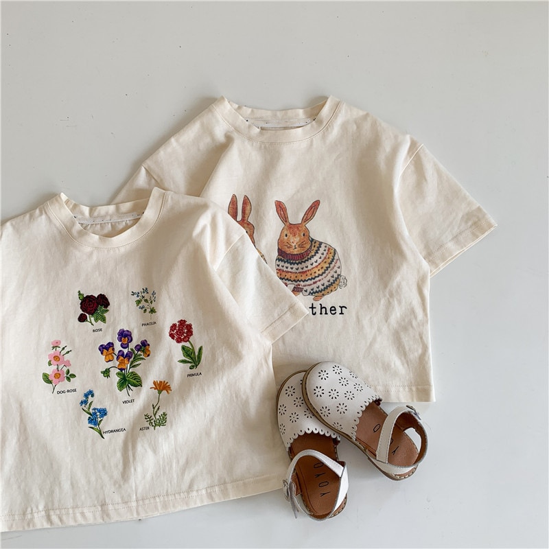 Maglietta per bambini 2152B maglietta a maniche corte per bambini estate 2022 maglietta stampata a fiori di coniglio per ragazzi e ragazze