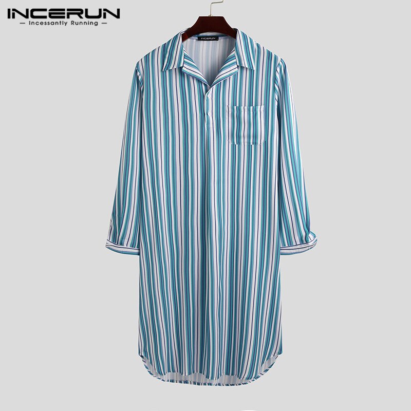 INCERUN Men Striped Nigthwear Robes Long Sleeve Lapel Sleep Robes Loose Pockets Homewear Breathable Bathrobes Plus Size7