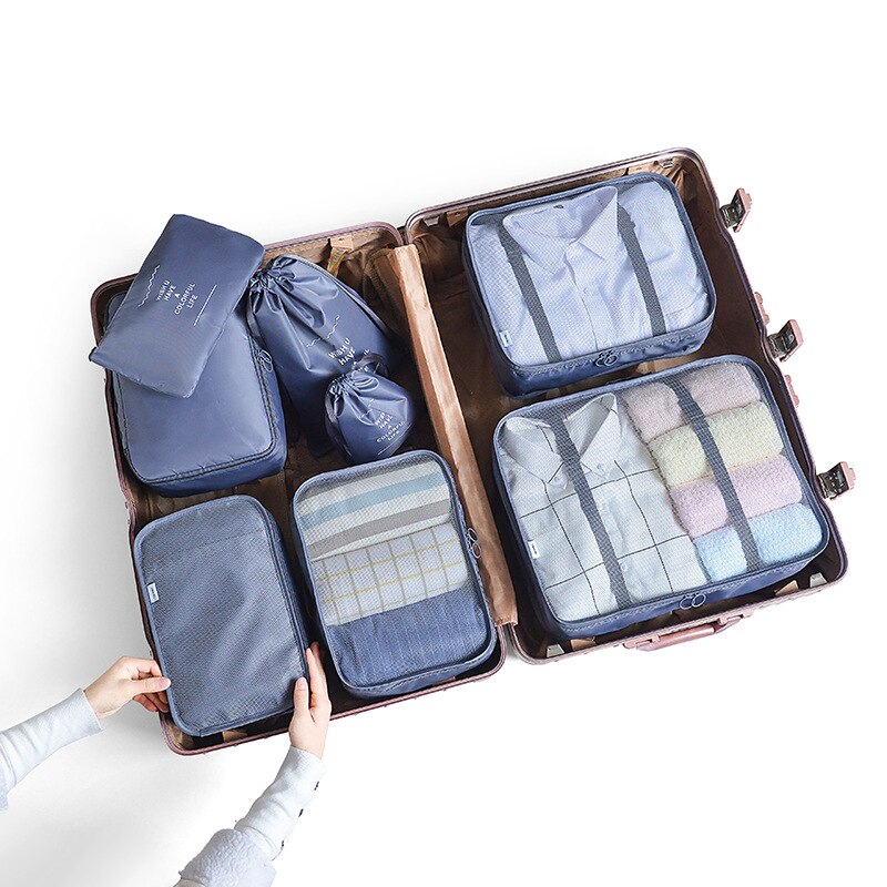 Conjunto de bolsas de armazenamento, 8 peças, 6 peças, viagem, casa, roupas, colcha, cobertor, partição de sapatos, organizador ordenado, mala de armário, bolsa, cubo de embalar: 8pcs gray