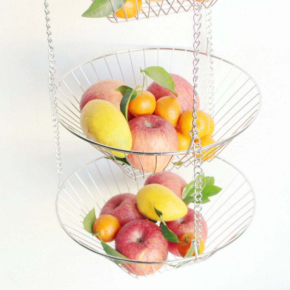 3-Tier Wire Hanging Basket Stainless Steel Basket Fruit Swing Bowl Vegetables Rack Display Stand